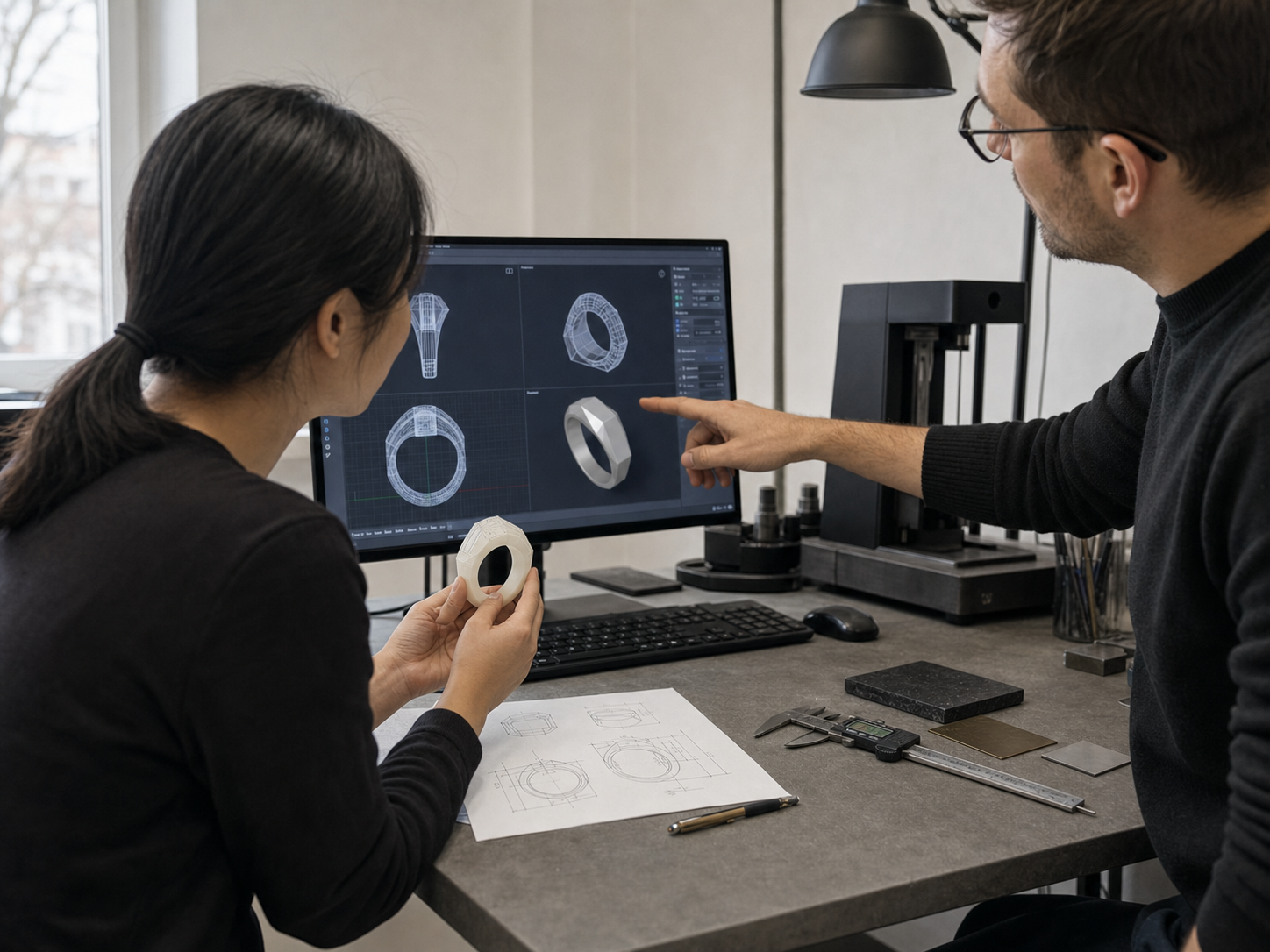 Zwei Personen besprechen im Studio einen 3D-Schmuckentwurf am Bildschirm, eine hält einen Prototyp