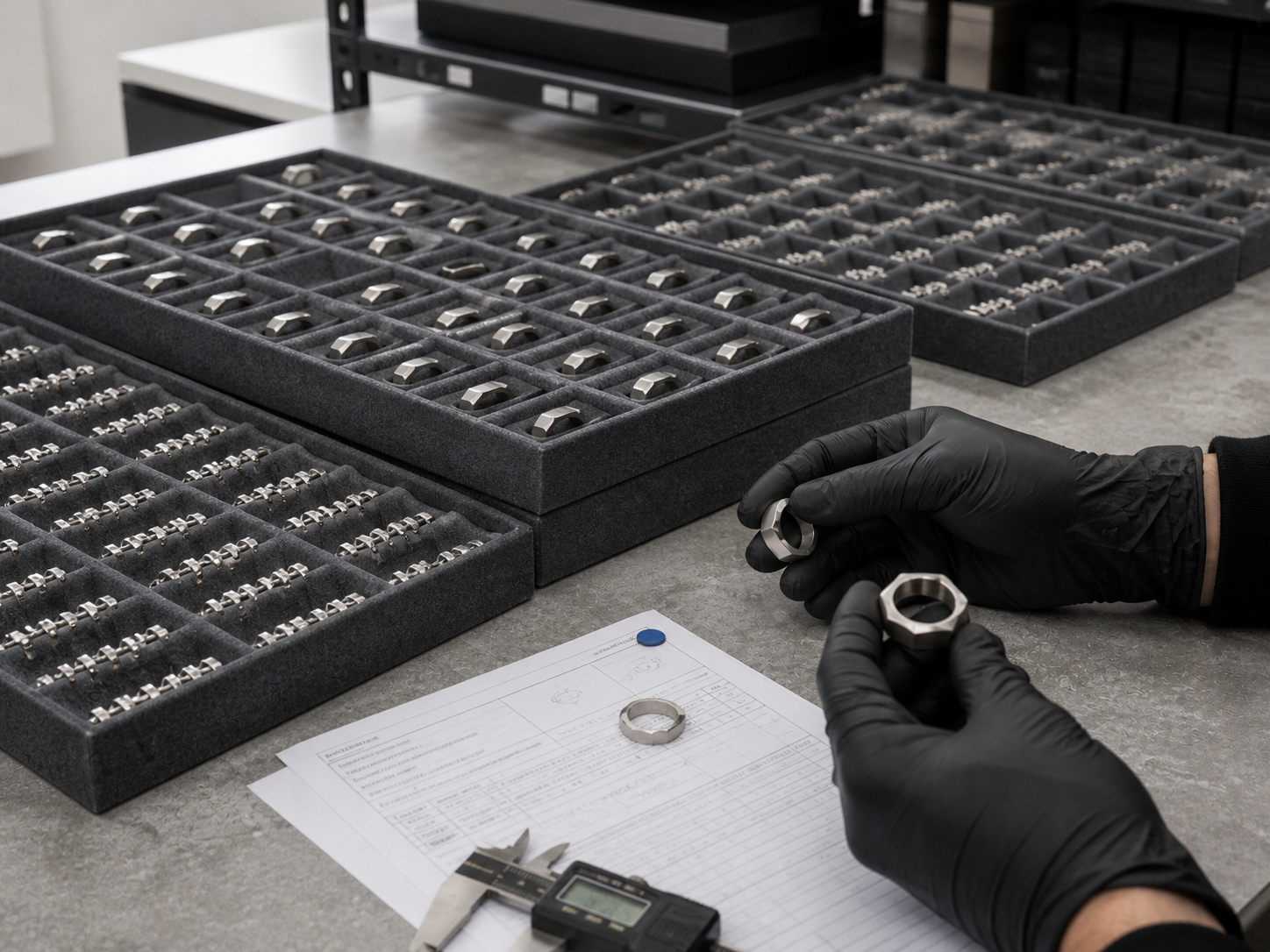 Person mit schwarzen Handschuhen prüft ein Ringbauteil über einem technischen Arbeitsblatt, daneben Trays mit gleichen Ringen